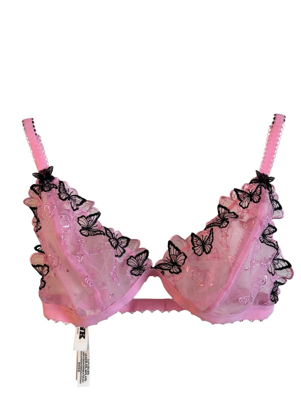 Victorias Secret Pink Wink Triangle T Shirt Bra Butterfly Trim Sheer Small
